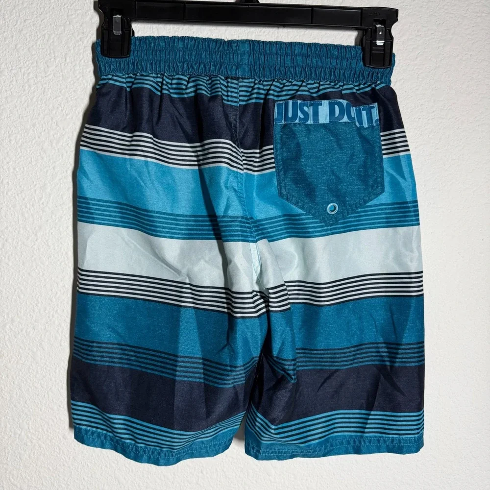 Nike Just‎ Do It Trunks Shorts Boys Teal Blue Striped Drawstring Beach Swimwear
